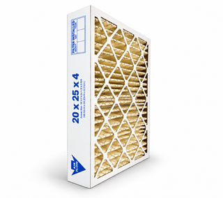A white pleated air filter with blue printed text, shown standing upright at an angle on a clean white background.